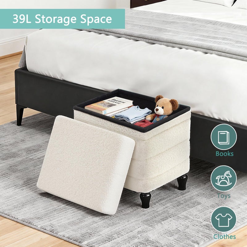 CAROLMADE Folding Storage Ottoman Cube Sherpa Footstool with Wood Legs Ottoman Footrest for Living Room and Bedroom, White 15"x12.6"x15.4" - Image 4