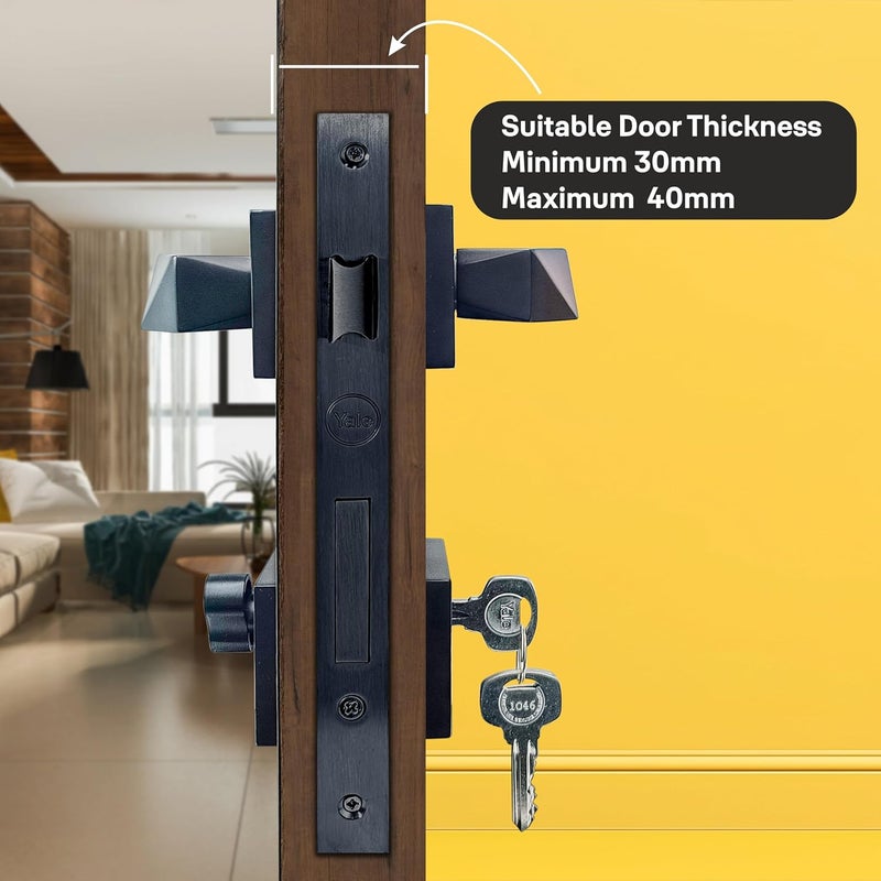 Yale Mortise Door Lock Handle Set | Premium Lock with 3 Keys | High-Security | Left & Right Door Compatibility | Fits 30-40mm Doors | Black Matt Finish, Zinc - Image 2