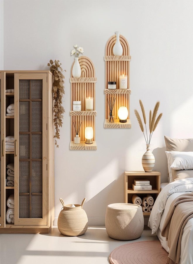 LOLYSIC 2 Pack Boho Wall Shelf Arch Wooden Floating Shelves - Mid Century Rainbow 3-Tier Vintage Mount Altar Decor for Bedroom, Living Room Storage & Display - Image 3