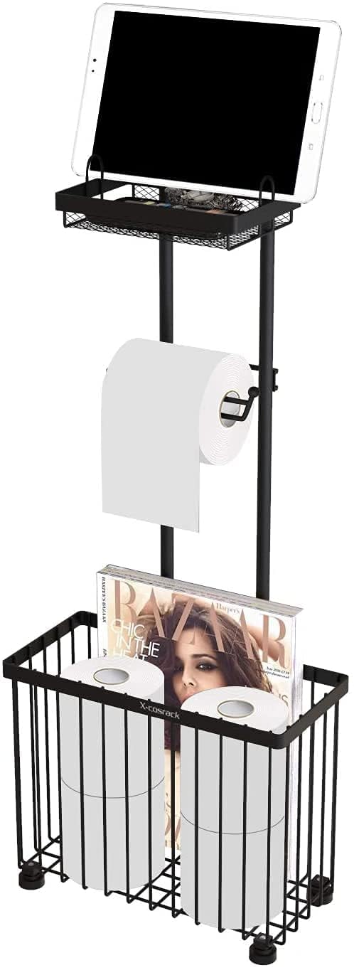 Indian Decor 38563 Space Saving Freestanding Toilet Paper Holder Toilet Tissue Rack Scroll Stand Roll Dispenser with Storage Shelf Reserve for Phone Tablet Magazine Bathroom Organizer Black  - Image 1