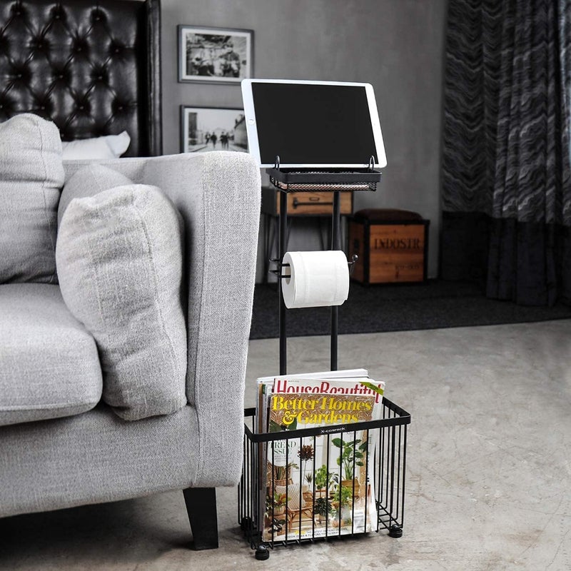 Indian Decor 38563 Space Saving Freestanding Toilet Paper Holder Toilet Tissue Rack Scroll Stand Roll Dispenser with Storage Shelf Reserve for Phone Tablet Magazine Bathroom Organizer Black  - Image 3