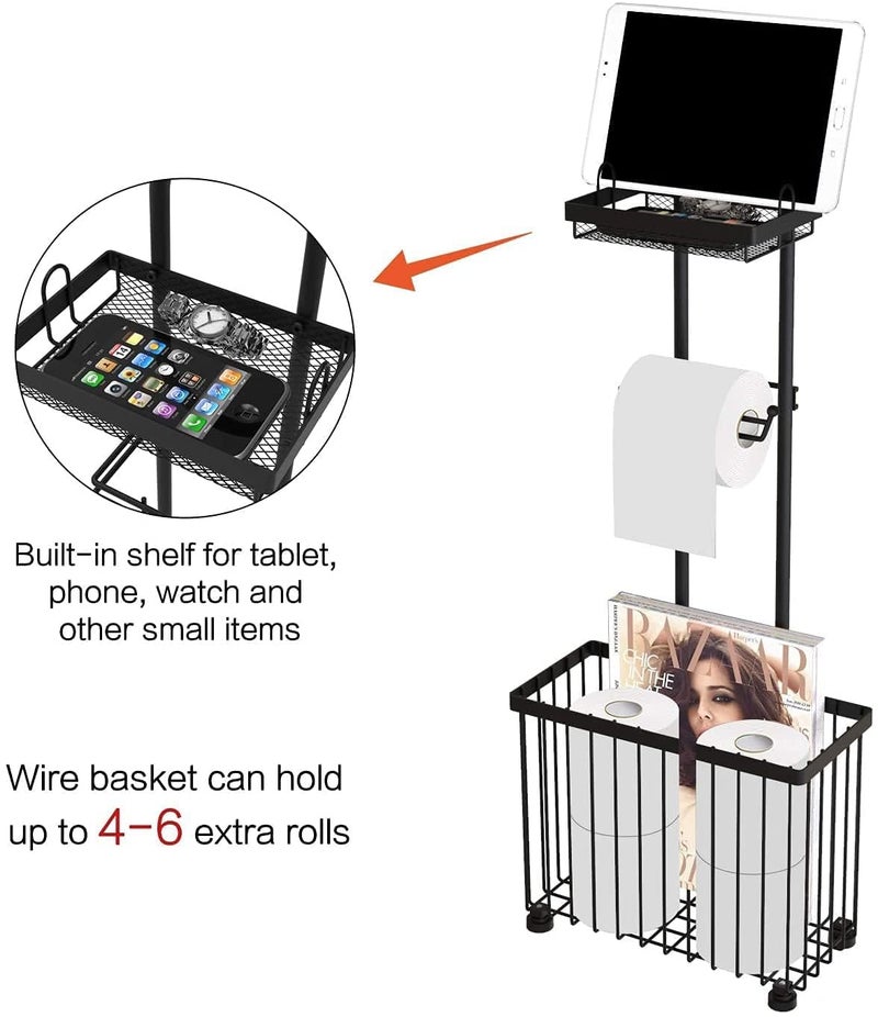 Indian Decor 38563 Space Saving Freestanding Toilet Paper Holder Toilet Tissue Rack Scroll Stand Roll Dispenser with Storage Shelf Reserve for Phone Tablet Magazine Bathroom Organizer Black  - Image 5