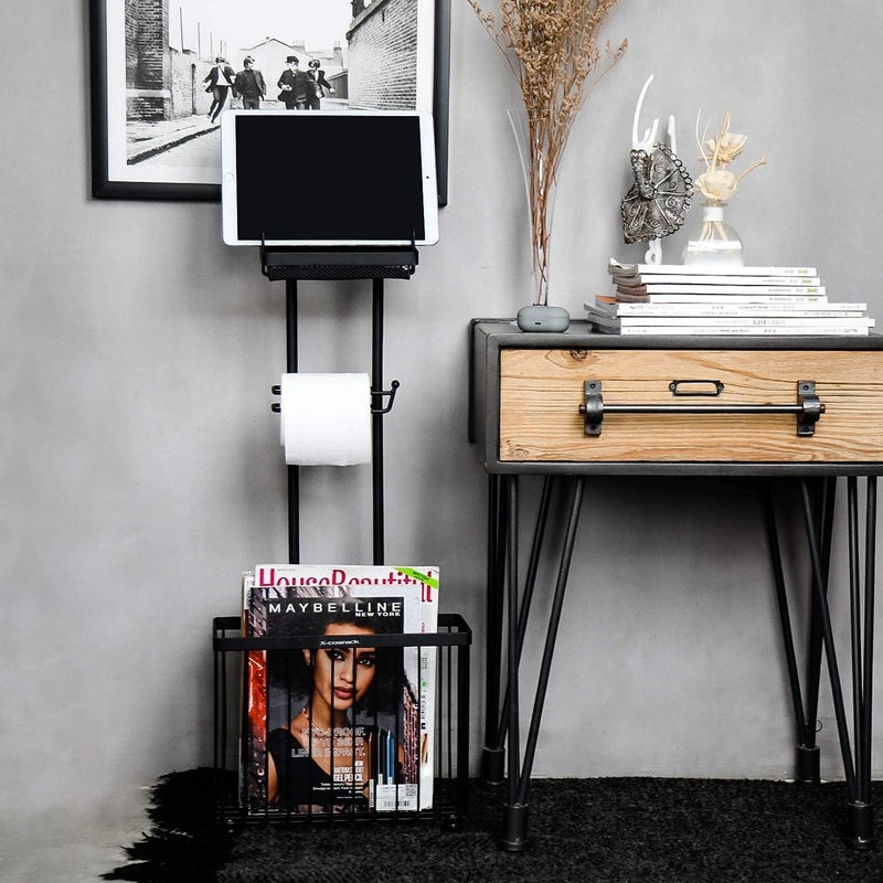 Indian Decor 38563 Space Saving Freestanding Toilet Paper Holder Toilet Tissue Rack Scroll Stand Roll Dispenser with Storage Shelf Reserve for Phone Tablet Magazine Bathroom Organizer Black  - Image 4