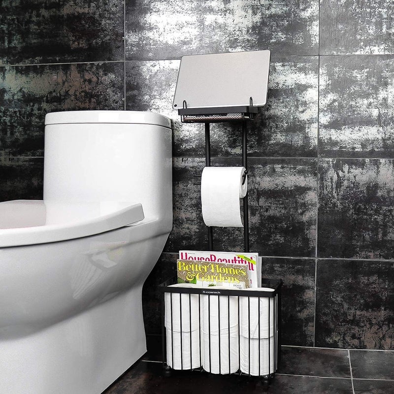 Indian Decor 38563 Space Saving Freestanding Toilet Paper Holder Toilet Tissue Rack Scroll Stand Roll Dispenser with Storage Shelf Reserve for Phone Tablet Magazine Bathroom Organizer Black  - Image 2