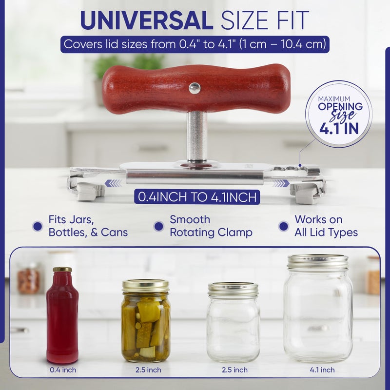 StarBlue Jar Opener for Seniors with Weak Hands â€“ Adjustable Lid Remover Tool for Jars & Bottles â€“ Heavy Duty Stainless Steel with Wood Handle + 2 Extra Anti-Slip Rubber Grips - Image 3