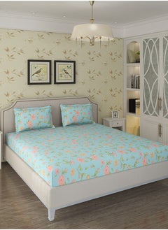 Status Contract Spring Summer Collection-Cotton Rich Double Bedsheet with 2 Pillow Covers for Bed Room, Home, Hotel-120 GSM, Blue-Pink Flowers, 210 X 215 Cm  - Image 2