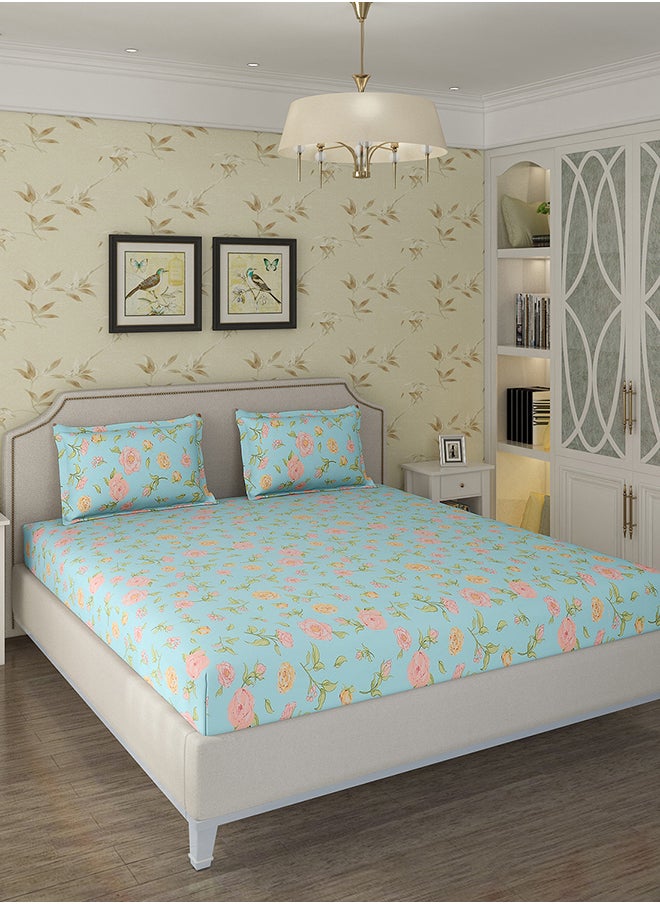 Status Contract Spring Summer Collection-Cotton Rich Double Bedsheet with 2 Pillow Covers for Bed Room, Home, Hotel-120 GSM, Blue-Pink Flowers, 210 X 215 Cm  - Image 2