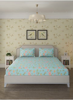 Status Contract Spring Summer Collection-Cotton Rich Double Bedsheet with 2 Pillow Covers for Bed Room, Home, Hotel-120 GSM, Blue-Pink Flowers, 210 X 215 Cm  - Image 1