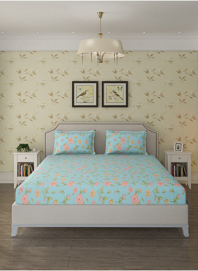 Status Contract Spring Summer Collection-Cotton Rich Double Bedsheet with 2 Pillow Covers for Bed Room, Home, Hotel-120 GSM, Blue-Pink Flowers, 210 X 215 Cm  - Image 1