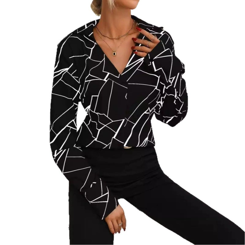 Women's Loose Fit Printed V-Neck Long Sleeve Blouse - Image 5