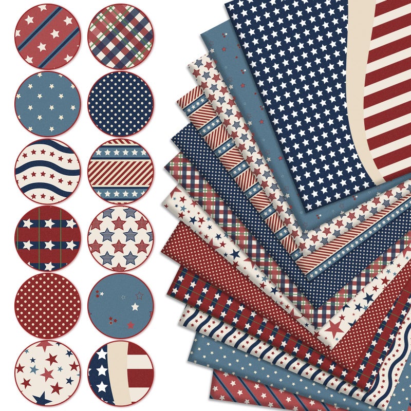 Whaline 12Pcs Patriotic Cotton Fabric Bundles Vintage Plaid Stripe Star Fat Quarters 4th of July Quilting Patchwork for Independence Day DIY Craft Party Decor, 18 x 22 Inch - Image 3
