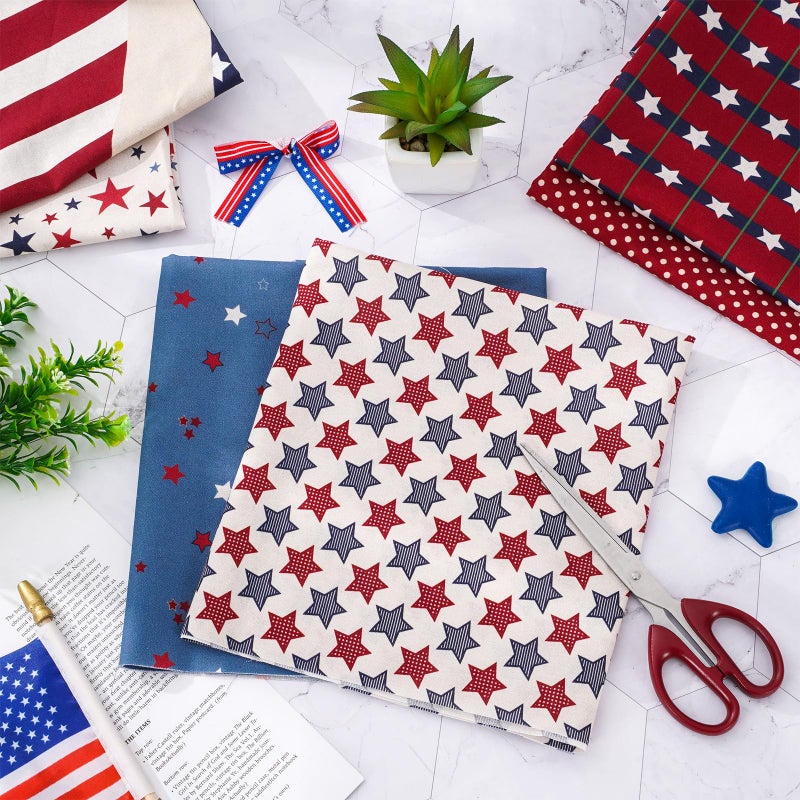 Whaline 12Pcs Patriotic Cotton Fabric Bundles Vintage Plaid Stripe Star Fat Quarters 4th of July Quilting Patchwork for Independence Day DIY Craft Party Decor, 18 x 22 Inch - Image 4