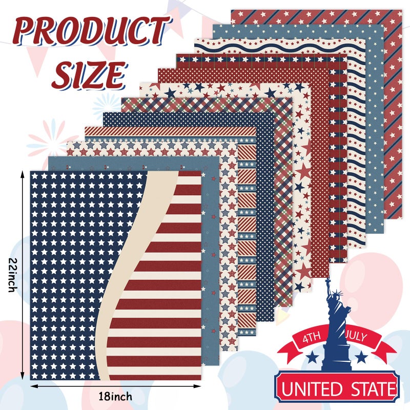 Whaline 12Pcs Patriotic Cotton Fabric Bundles Vintage Plaid Stripe Star Fat Quarters 4th of July Quilting Patchwork for Independence Day DIY Craft Party Decor, 18 x 22 Inch - Image 2