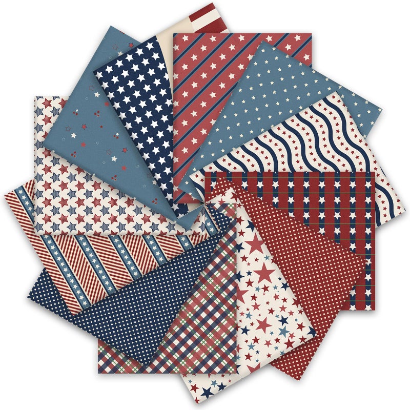 Whaline 12Pcs Patriotic Cotton Fabric Bundles Vintage Plaid Stripe Star Fat Quarters 4th of July Quilting Patchwork for Independence Day DIY Craft Party Decor, 18 x 22 Inch - Image 1
