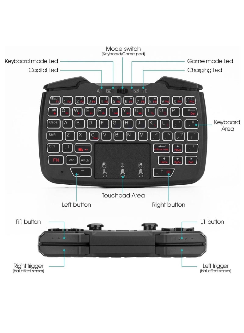 RK707 Mini Keyboard and Mouse Combo with Trackpad Media Keyboard Mouse with Game Controller 62-Key Rechargeable Backlit Turbo Vibration for PC Raspberry pi2 Android TV Google TV