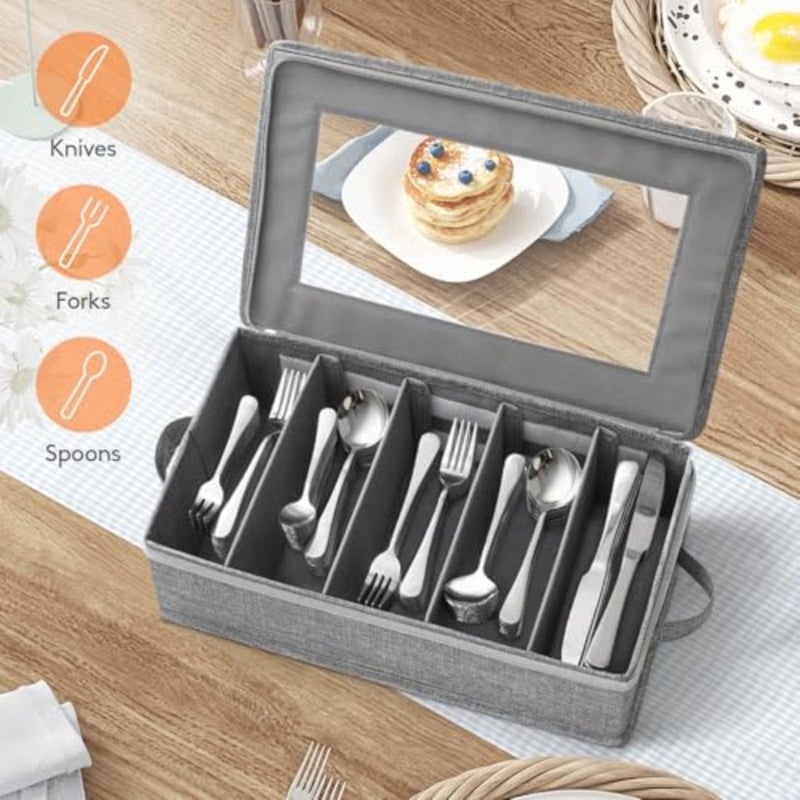 Silverware Storage Box, Covered Flatware Organizer with Zipper Lid, 5 Compartment Cutlery Case with Adjustable Divider and Handle, Utensil Container for Spoon Fork Knives, 1 Pack - Image 2