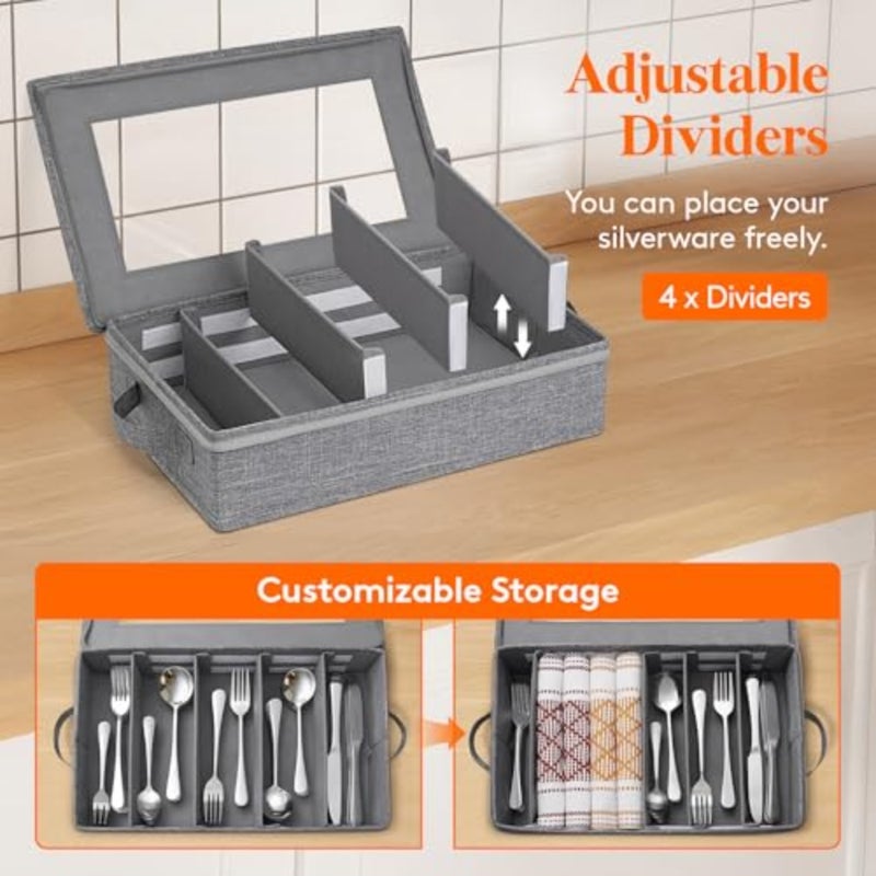 Silverware Storage Box, Covered Flatware Organizer with Zipper Lid, 5 Compartment Cutlery Case with Adjustable Divider and Handle, Utensil Container for Spoon Fork Knives, 1 Pack - Image 3
