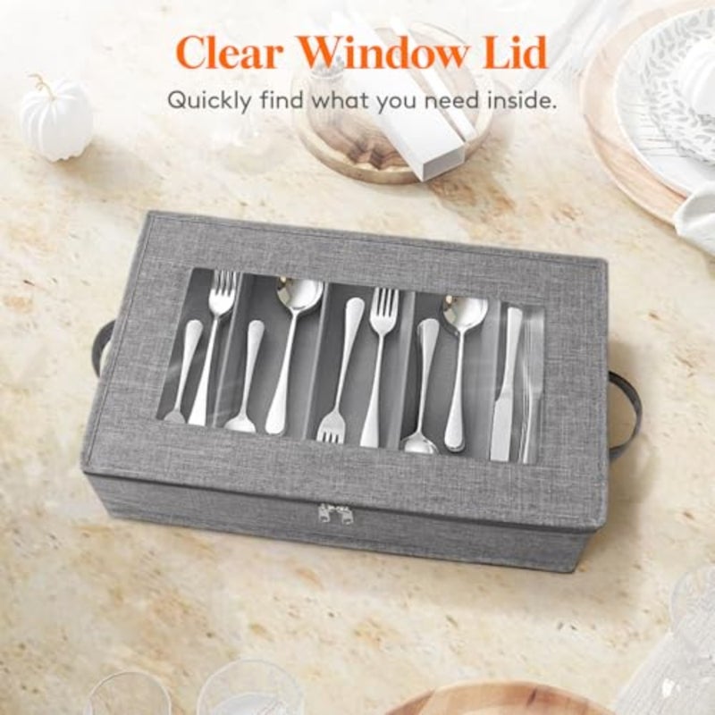 Silverware Storage Box, Covered Flatware Organizer with Zipper Lid, 5 Compartment Cutlery Case with Adjustable Divider and Handle, Utensil Container for Spoon Fork Knives, 1 Pack - Image 5