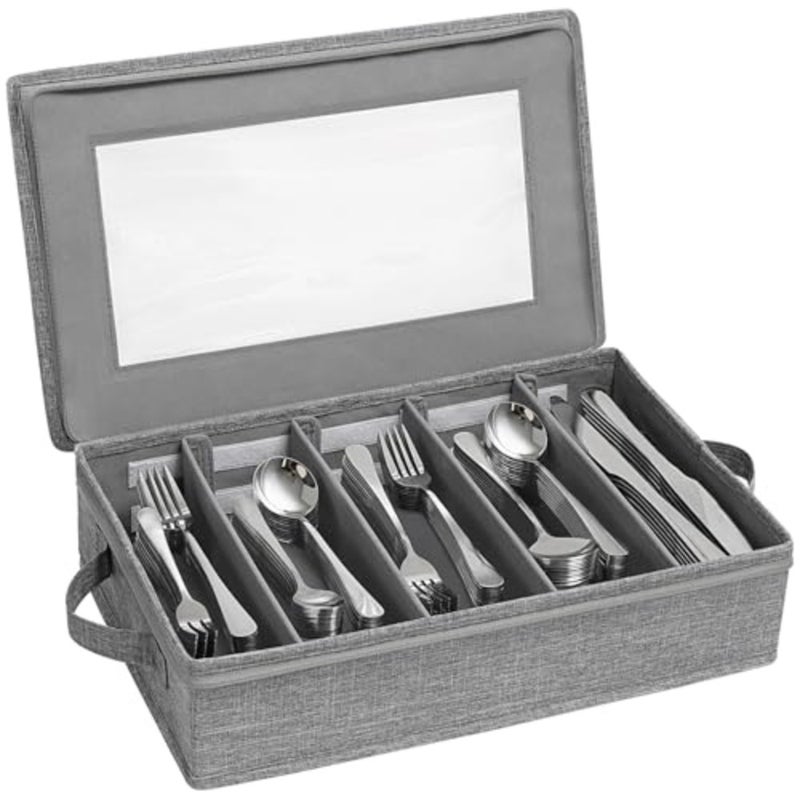 Silverware Storage Box, Covered Flatware Organizer with Zipper Lid, 5 Compartment Cutlery Case with Adjustable Divider and Handle, Utensil Container for Spoon Fork Knives, 1 Pack - Image 1