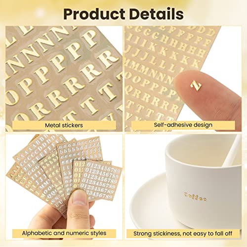 EORTA 6 Sheets 0.12inch Alphabet Number Stickers Mini Letters Decoration Glitter Alloy Self Adhesive Decals for Epoxy Resin Casting Decoration DIY Crafts Scrapbook, Golden/Silvery, 3mm - Image 4
