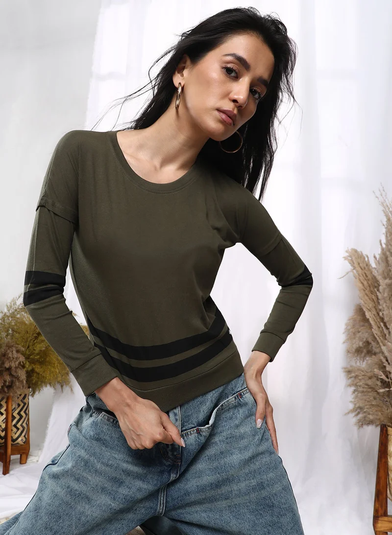 PINACOLADA  Women's Fern Green Contrast Striped Top for Women | Best Price UAE