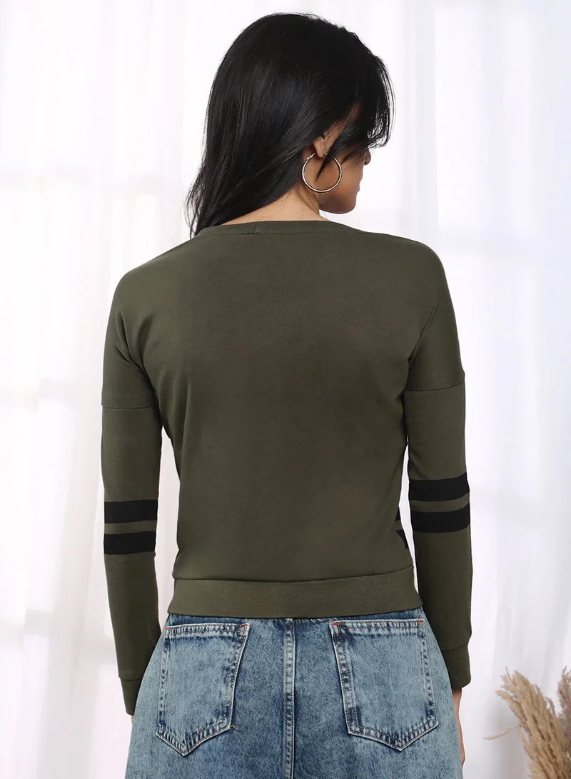 PINACOLADA  Women's Fern Green Contrast Striped Top for Women | Best Price UAE