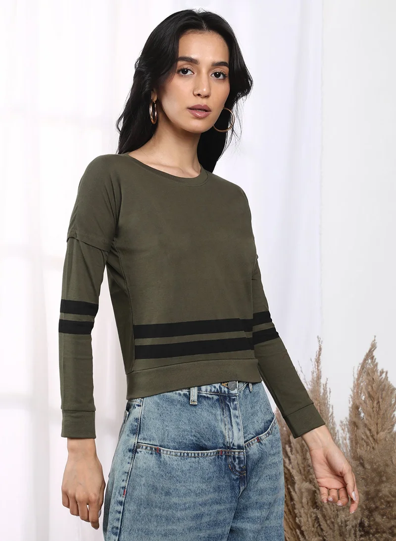 PINACOLADA  Women's Fern Green Contrast Striped Top for Women | Best Price UAE