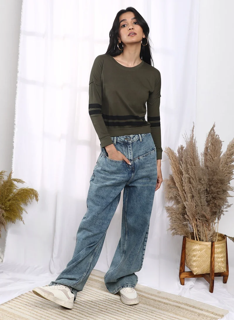 PINACOLADA  Women's Fern Green Contrast Striped Top for Women | Best Price UAE