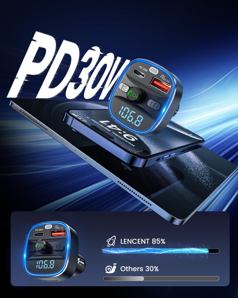LENCENT Bluetooth 5.4 FM Transmitter Car Adapter 48W [PD 30W & 18W] [7 Color Light] [Fast Charging] Wireless Radio Music Adapter Hands-Free Calling, Support USB Drive & TF Card - Image 5