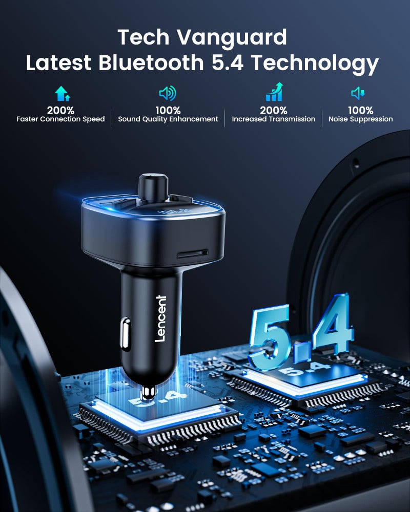 LENCENT Bluetooth 5.4 FM Transmitter Car Adapter 48W [PD 30W & 18W] [7 Color Light] [Fast Charging] Wireless Radio Music Adapter Hands-Free Calling, Support USB Drive & TF Card - Image 2