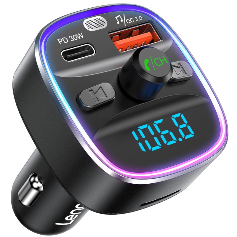 LENCENT Bluetooth 5.4 FM Transmitter Car Adapter 48W [PD 30W & 18W] [7 Color Light] [Fast Charging] Wireless Radio Music Adapter Hands-Free Calling, Support USB Drive & TF Card - Image 1