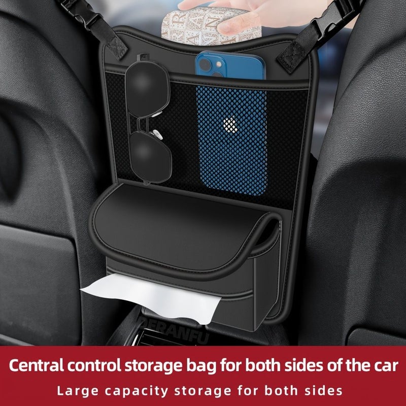 Black Faux Leather Car Middle Seat Storage Bag Tissue Holder - Image 1