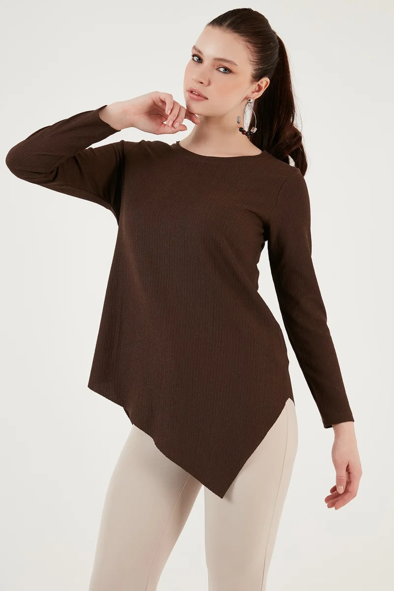 ليلا Lela Crew Neck Stretchy Textured Asymmetric Blouse Women's Blouse 5864971
