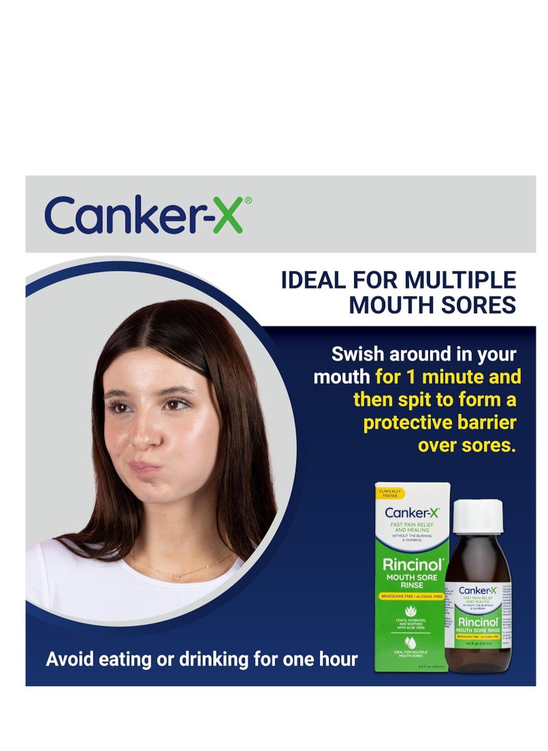 Canker-X - Canker-X Rincinol Oral Rinse Mouthwash, Quick Pain Relief from Canker Sores, Mouth Burns & More, Benzocaine Free & Alcohol Free Mouthwash, Adults & 6 Years+ Kids Mouthwash, 4.0 Fl. Oz. - Image 1