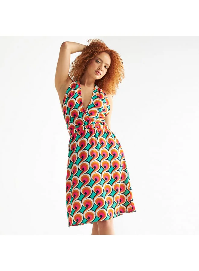 All-Over Print Halter Neck Dress with Shirred Detail