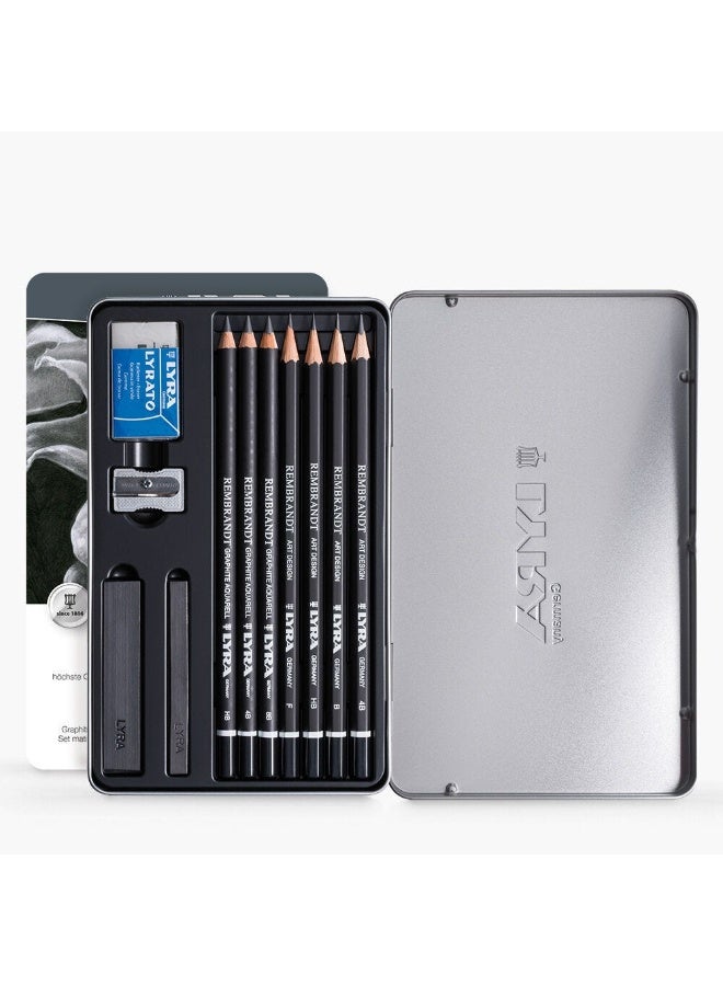 Lyra Rembrandt Graphite Metal Box Set Of 7 Pencils And 4 Accessories