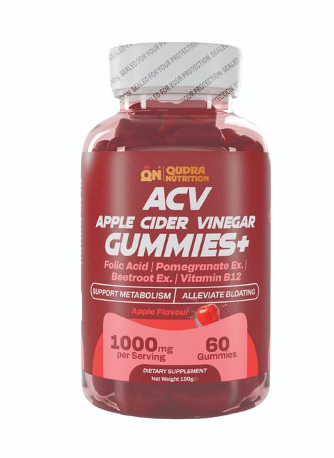Qudra Nutrition Apple Cider Vinegar (ACV)  Gummies plus Folic Acid, Pomegranate, Beetroot Extracts, & Vitamin B12 for Supporting Metabolism and Relieve Fullness, Vegan Gummies with Delicious Apple Flavour, UAE Brand - 3rd Party Tested for Active Content. Used for Men and Women