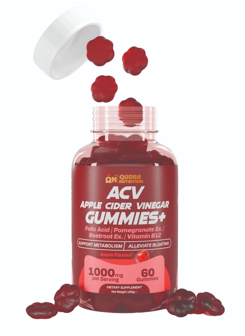 Qudra Nutrition - Qudra Nutrition Apple Cider Vinegar (ACV)  Gummies plus Folic Acid, Pomegranate, Beetroot Extracts, & Vitamin B12 for Supporting Metabolism and Relieve Fullness, Vegan Gummies with Delicious Apple Flavour, UAE Brand - 3rd Party Tested for Active Content. Used for Men and Women - Image 1
