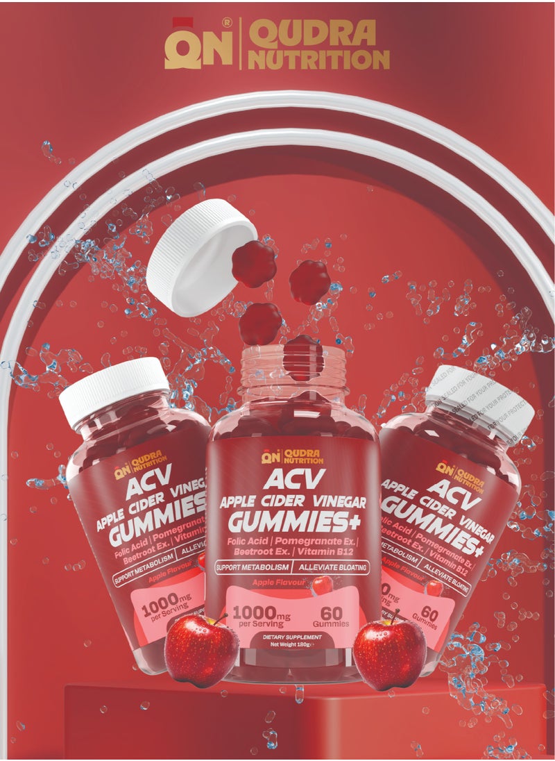 Qudra Nutrition - Qudra Nutrition Apple Cider Vinegar (ACV)  Gummies plus Folic Acid, Pomegranate, Beetroot Extracts, & Vitamin B12 for Supporting Metabolism and Relieve Fullness, Vegan Gummies with Delicious Apple Flavour, UAE Brand - 3rd Party Tested for Active Content. Used for Men and Women - Image 1