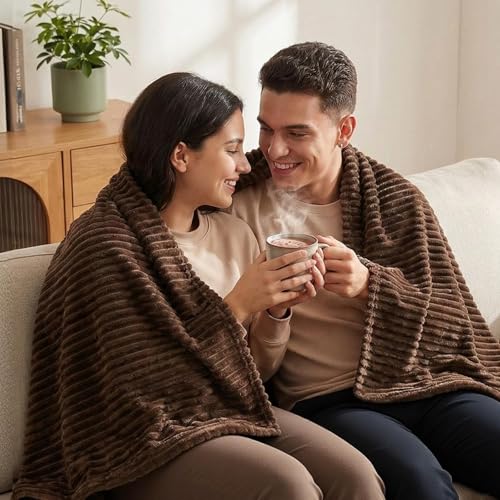 Vessia Flannel Fleece Throw Blanket 300GSM Cozy Brown Stripe Throw for Couch Sofa and Bed Warm and Soft Chocolate Microfiber Ribbed Blanket for All Season - Image 3