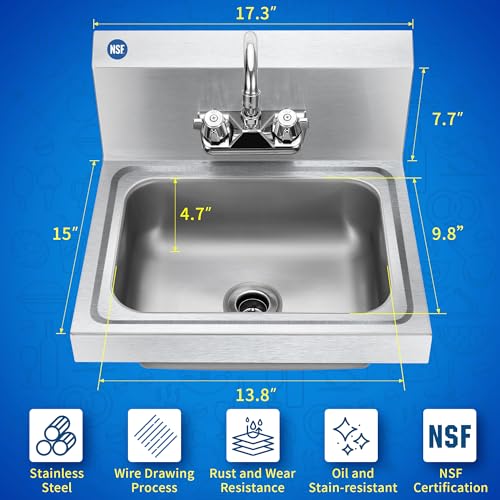 BIEAMA Stainless Steel Hand Sink NSF 17”x 15" Wall Mount Commercial Hand Washing Sink, with Strainer and Faucet, for Home, Stores, Restaurants, Bars - Image 2