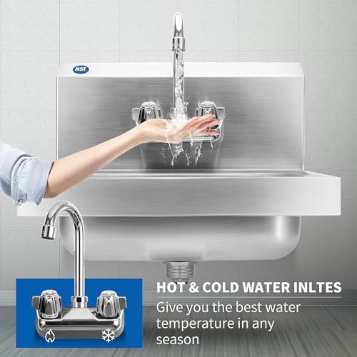 BIEAMA Stainless Steel Hand Sink NSF 17”x 15" Wall Mount Commercial Hand Washing Sink, with Strainer and Faucet, for Home, Stores, Restaurants, Bars - Image 4