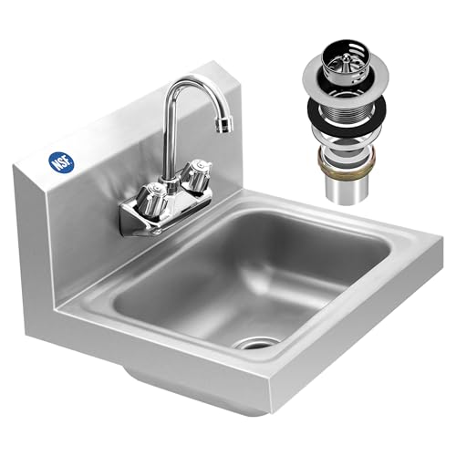 BIEAMA Stainless Steel Hand Sink NSF 17”x 15" Wall Mount Commercial Hand Washing Sink, with Strainer and Faucet, for Home, Stores, Restaurants, Bars - Image 1
