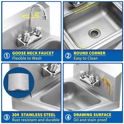 BIEAMA Stainless Steel Hand Sink NSF 17”x 15" Wall Mount Commercial Hand Washing Sink, with Strainer and Faucet, for Home, Stores, Restaurants, Bars - Image 3