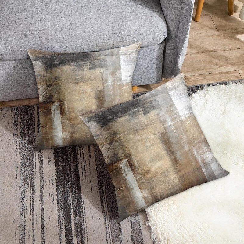 Britimes Throw Pillow Covers Modern Home Art Decor, 18 x 18 Inches Set of 2 Pillow Cases Decorative, Abstract Oil Painting Pillowcases for Bedroom, Living Room, Taupe Tan Grey Brown Beige - Image 4