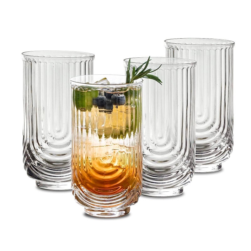 INSETLAN Vintage Glassware Arch Design Glass cups Set of 4 Fashioned Ripple Glassware Highball Glass Classic Transparent Cocktail Glasses for Bar Beverages Ice Coffee Juice Water 4pcsL