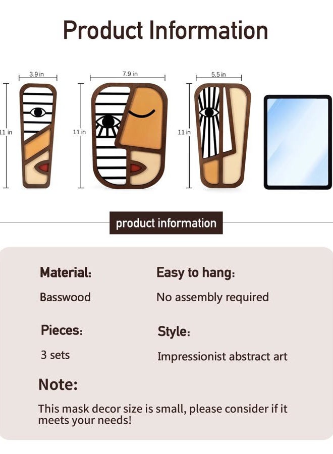 LIFVEAN Abstract Wood Picasso Wall Art Decor - Vintage African Art Tribal Wall Art - Modern Minimalism Mask Home Wall Decor - for Bedroom Bathroom Living Room (3 Piece) - Image 2