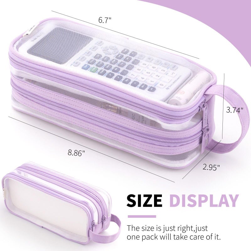 ANGOOBABY Large Grid Mesh Pencil Case 2 Compartment Pen Bag Clear Handheld Multifunction Pencil Pouch Transparent Makeup Bag for Teen Student College Business Travel Office Adult - Purple - Image 5