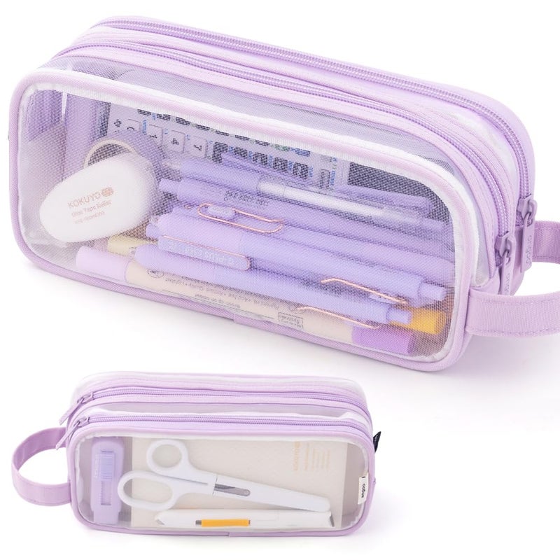 ANGOOBABY Large Grid Mesh Pencil Case 2 Compartment Pen Bag Clear Handheld Multifunction Pencil Pouch Transparent Makeup Bag for Teen Student College Business Travel Office Adult - Purple - Image 1