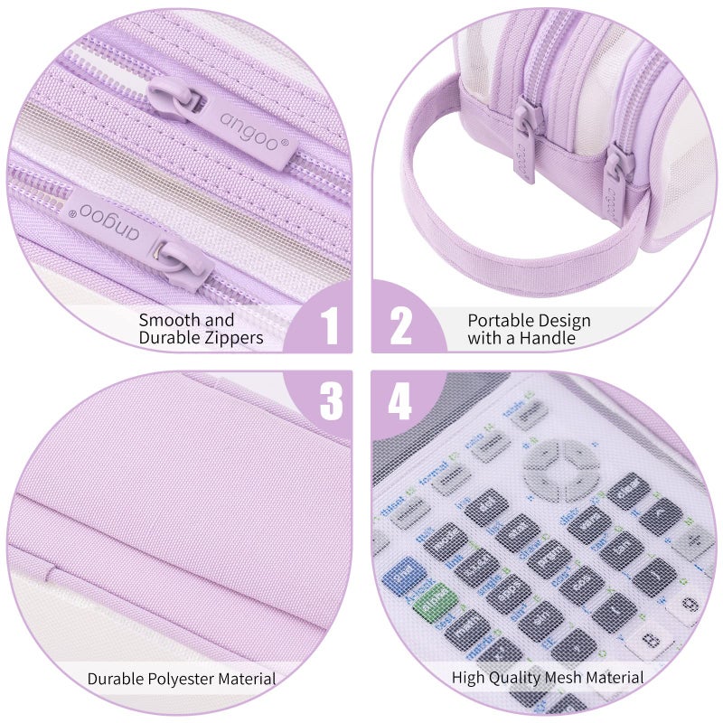 ANGOOBABY Large Grid Mesh Pencil Case 2 Compartment Pen Bag Clear Handheld Multifunction Pencil Pouch Transparent Makeup Bag for Teen Student College Business Travel Office Adult - Purple - Image 4